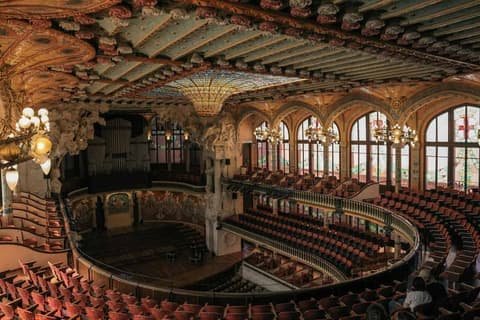 Ornate interior of Palau de la Música Catalana in Barcelona